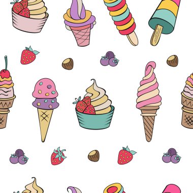 Dikişsiz desen beyaz arka plan üzerinde. Çizilmiş dondurma. Çeşitli Ice cream, fındık, çilek, çikolata ve çerezleri tepesi ile. Doodle vektör çizim.