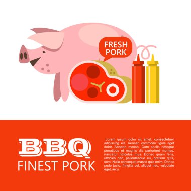 Barbekü domuz eti. En iyi domuz. Sevimli domuz, biftek, ketçap ve hardal. Metin için yer ile illüstrasyon.