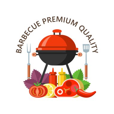 Barbekü, en iyi sığır eti. Barbekü seti, düz stil vektör küçük resim. Büyük iştah açıcı Dana biftek, sebze, fesleğen, limon. Metin için yer ile vektör çizim.