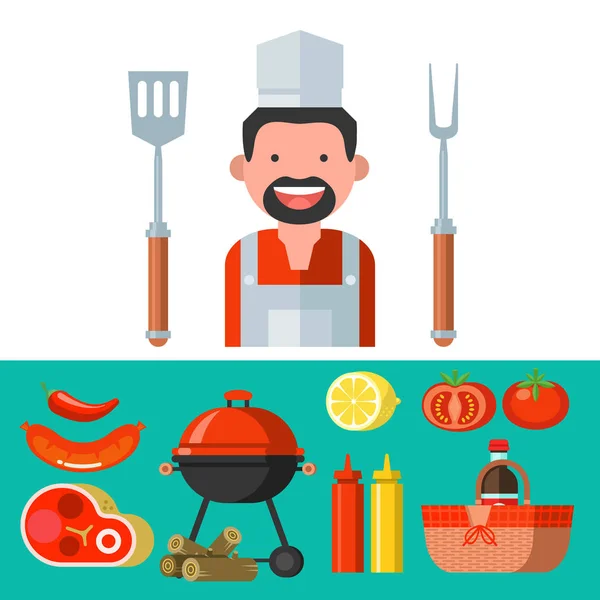 Zestaw Barbecue Wektor Clipart Wesoły Ładny Szefa Kuchni Świeże Mięso — Wektor stockowy