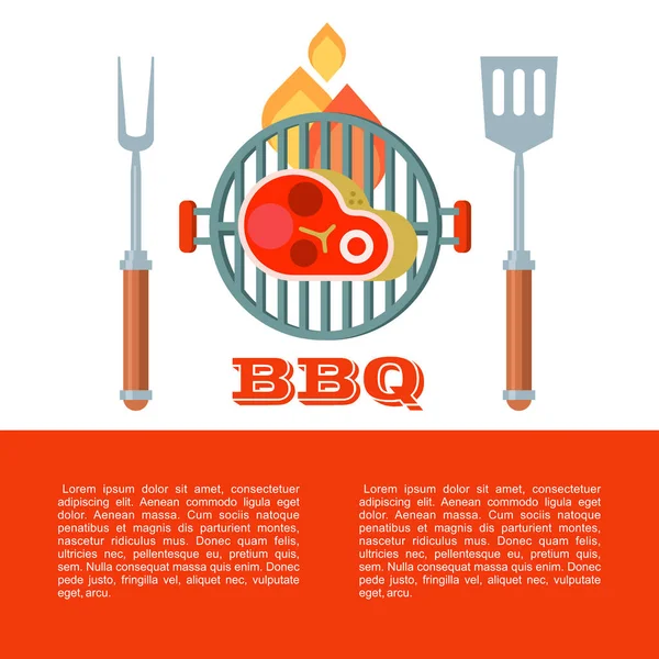 Barbecue Vector Illustration Space Text Delicious Grilled Steak Fork Spatula — Stock Vector