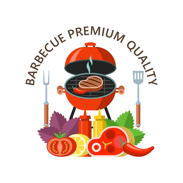 Premium Kalite Barbekü Lezzetli Izgara Biftek Natürmort Taze Sebze Fesleğen — Stok Vektör