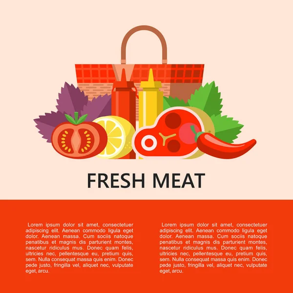 Frischfleisch Stillleben Aus Appetitlichen Steaks Gemüse Basilikumblättern Zitrone Tomate Und — Stockvektor