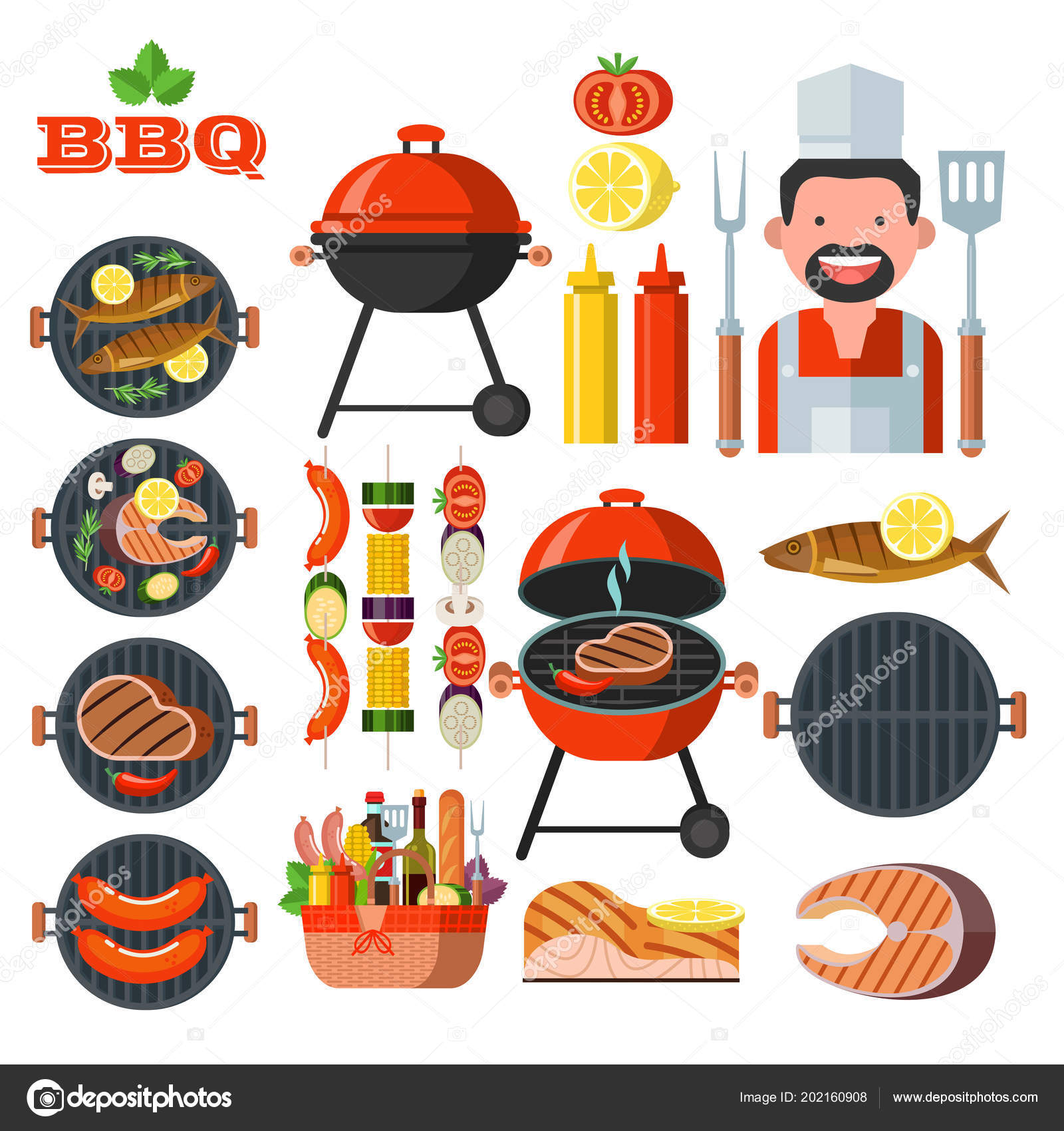 Barbecue Grill Set Colorful Clip Art Cheerful Cook Chef's Shovel Stock  Vector by ©katedemianov 202160908