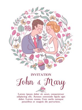 Düğün davetiyesi. Mutlu düğün. Gelin ve damat Nikah yüzükleri alışverişi ile güzel düğün kartı. Vektör çizim metin için yer ile hassas düğün çiçekleri ile dekore edilmiştir..