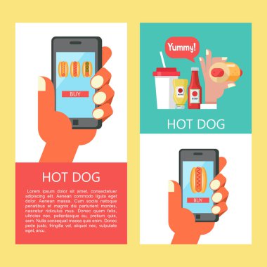 Sosisli sandviç. Çörek hardallı sosis. El bir akıllı telefon tutar. Sıcak lokanta. Sosisli sandviç app aracılığıyla smartphone sipariş. Elinde bir şişe ketçap ve hardal yanında ayakta sosis. Bir plastik bardak içki. Vektör çizim zekâ