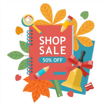 Okul Satılık. Vektör renkli resimde. Okul malzemeleri ve sonbahar yaprakları kümesi. Satış zamanı poster için kırtasiye ve okul malzemeleri.