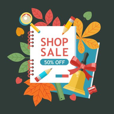 Okul Satılık. Vektör renkli resimde. Okul malzemeleri ve sonbahar yaprakları kümesi. Satış zamanı poster için kırtasiye ve okul malzemeleri.