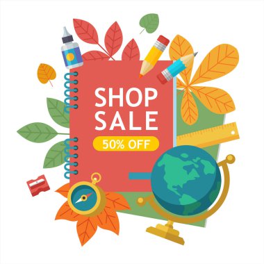 Okul Satılık. Vektör renkli resimde. Okul malzemeleri ve sonbahar yaprakları kümesi. Satış zamanı poster için kırtasiye ve okul malzemeleri.