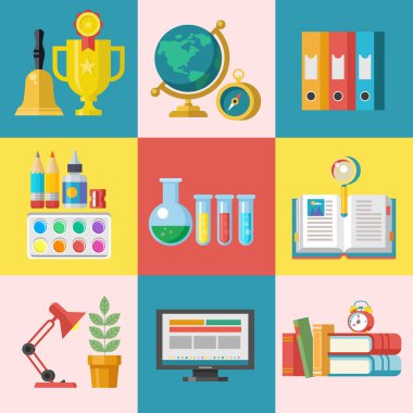 Okul Satılık. Vektör renkli resimde. Okul malzemeleri ve sonbahar yaprakları kümesi. Satış zamanı poster için kırtasiye ve okul malzemeleri.