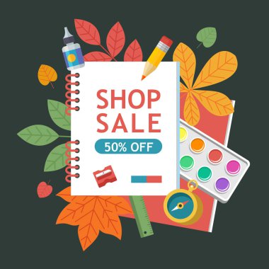 Okul Satılık. Vektör renkli resimde. Okul malzemeleri ve sonbahar yaprakları kümesi. Satış zamanı poster için kırtasiye ve okul malzemeleri.