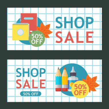 Okul Satılık. Vektör renkli resimde. Okul malzemeleri ve sonbahar yaprakları kümesi. Satış zamanı poster için kırtasiye ve okul malzemeleri.