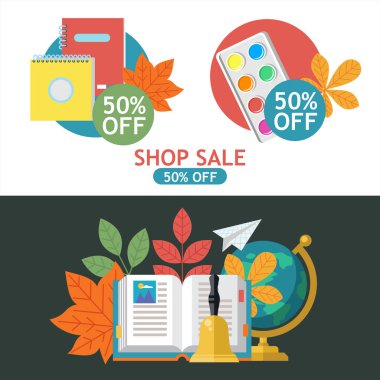 Okul Satılık. Vektör renkli resimde. Okul malzemeleri ve sonbahar yaprakları kümesi. Satış zamanı poster için kırtasiye ve okul malzemeleri.