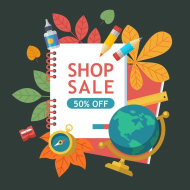 Okul Satılık. Vektör renkli resimde. Okul malzemeleri ve sonbahar yaprakları kümesi. Satış zamanı poster için kırtasiye ve okul malzemeleri.