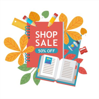 Okul Satılık. Vektör renkli resimde. Okul malzemeleri ve sonbahar yaprakları kümesi. Satış zamanı poster için kırtasiye ve okul malzemeleri.