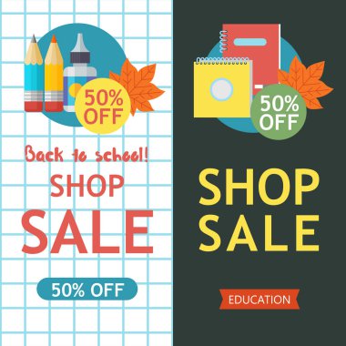 Okul Satılık. Vektör renkli resimde. Okul malzemeleri ve sonbahar yaprakları kümesi. Satış zamanı poster için kırtasiye ve okul malzemeleri.