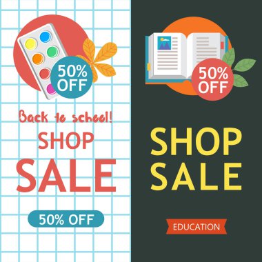 Okul Satılık. Vektör renkli resimde. Okul malzemeleri ve sonbahar yaprakları kümesi. Satış zamanı poster için kırtasiye ve okul malzemeleri.