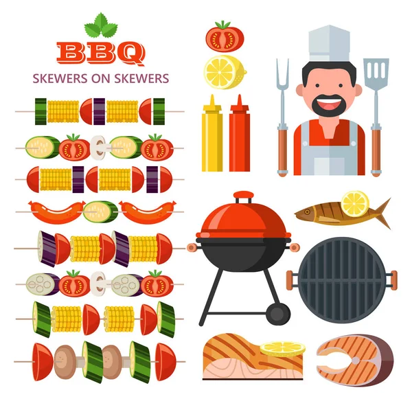 Grill Grill Eine Reihe Von Bunten Cliparts Designelemente Glücklicher Koch — Stockvektor