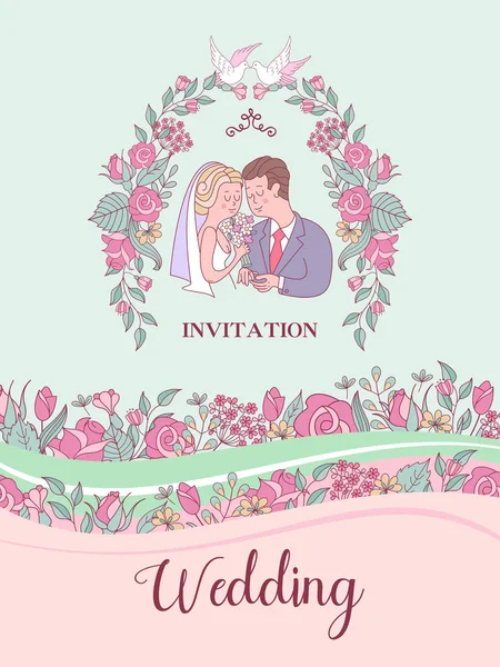 Invitación Boda Bodas Felices Hermosa Tarjeta Boda Con Novia Novio — Vector de stock