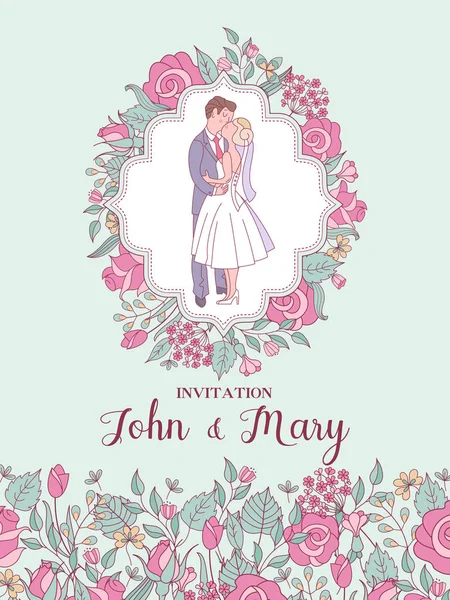 結婚式の招待状 幸せな結婚式 新郎と新婦のキスに 美しい結婚式カード 繊細な結婚式の花で飾られたテキストのためのスペースのベクトル図 — ストックベクタ
