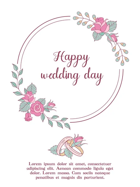 Hochzeitseinladung Glückliche Hochzeiten Wunderschöne Hochzeitskarte Mit Blumenkranz Und Trauringen Vektorillustration — Stockvektor