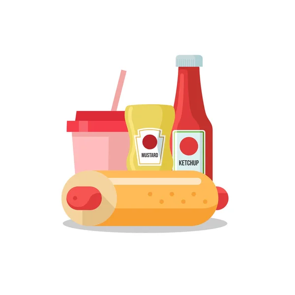 Hot Dog Bun Cârnaţi Mâncare Rapidă Fierbinte Muștar Sticle Ketchup — Vector de stoc