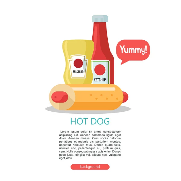 Hot Dog Bun Sausage Hot Fast Food Nearby Bottles Mustard — Stock Vector