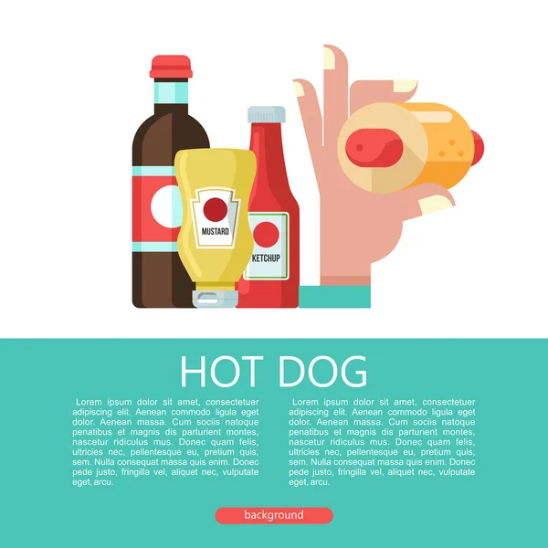 Hot Dog Tangan Memegang Hot Dog Sosis Dalam Roti Makanan - Stok Vektor