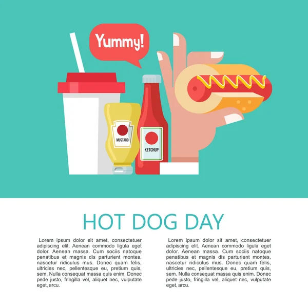 Hot Dog Mână Ţinând Hot Dog Cârnaţi Într Chifle Mâncare — Vector de stoc