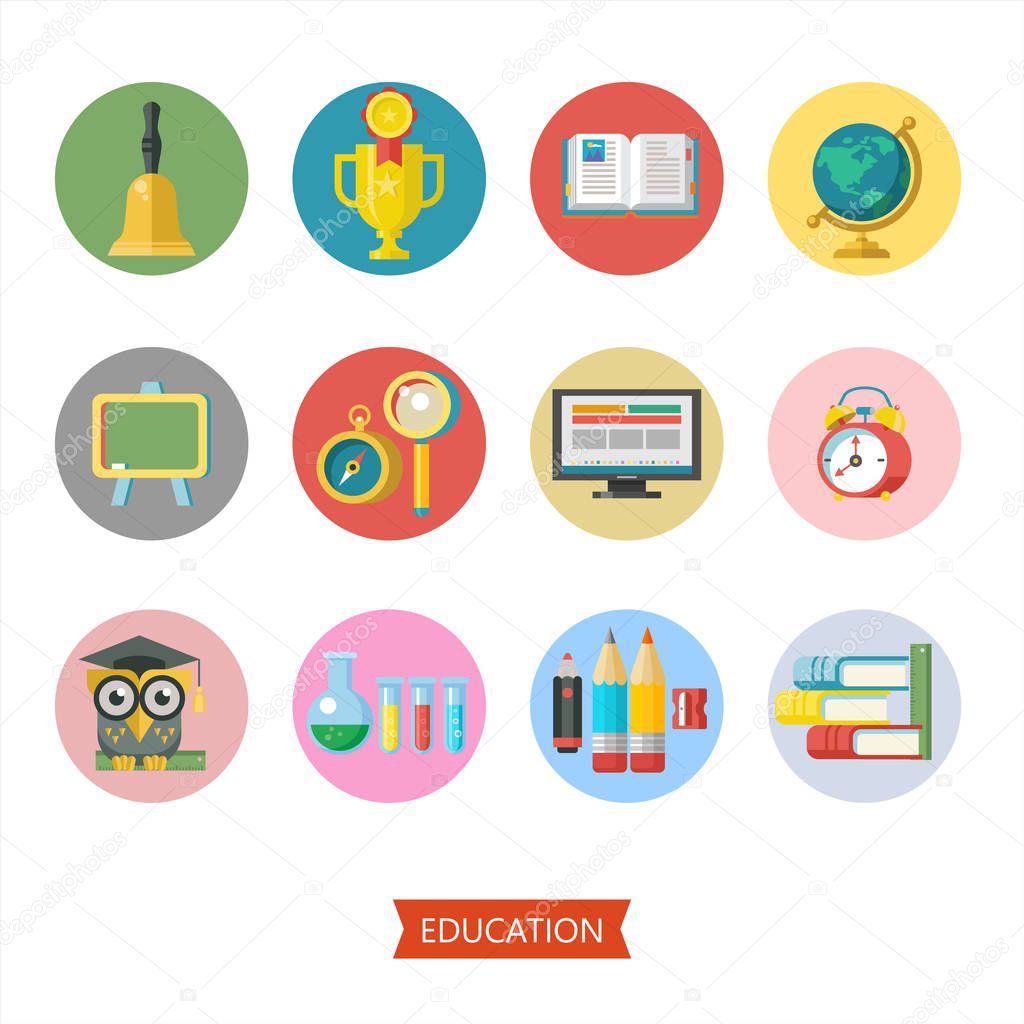 Welcome back to school. Set of vector icons with school supplies. Isolated on white background.