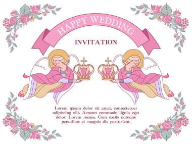 Mutlu düğün. Düğün davetiyesi, kartpostal. İki melek düğün kron tutuyor. Kilisede düğün. Pembe çiçekler çerçevesinde. Vektör çizim