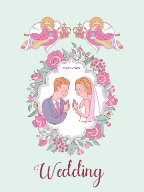 Düğün davetiyesi. Düğün kartı. Kilisede düğün töreni. Gelin ve damat düğün taçlarında. Çiçek çerçeveleri. Cennetin melekleri gelin ve damadın kafalarında düğün tacı taşıyorlar..