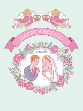 Düğün davetiyesi. Düğün kartı. Kilisede düğün töreni. Gelin ve damat düğün taçlarında. Çiçek çerçeveleri. Cennetin melekleri gelin ve damadın kafalarında düğün tacı taşıyorlar..