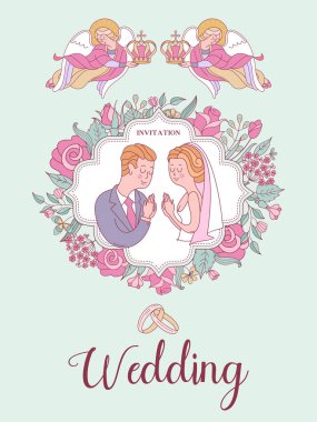 Düğün davetiyesi. Düğün kartı. Kilisede düğün töreni. Gelin ve damat düğün taçlarında. Çiçek çerçeveleri. Cennetin melekleri gelin ve damadın kafalarında düğün tacı taşıyorlar..