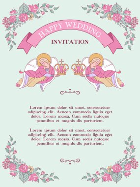 Mutlu düğün. Düğün davetiyesi, kartpostal. İki melek düğün kron tutuyor. Kilisede düğün. Pembe çiçekler çerçevesinde. Vektör çizim