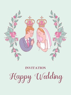 Düğün davetiyesi. Düğün kartı. Kilisede düğün. Gelin ve damat düğün taçlarında. Çiçek çerçeveleri. Vektör illüstrasyonu