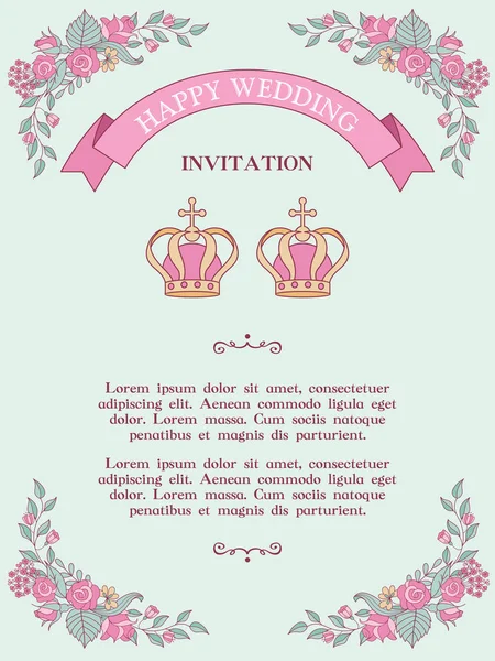 Hochzeitseinladung Hochzeitskarte Christliche Trauung Zwei Hochzeitkronen Blumengestecke Vektorillustration — Stockvektor