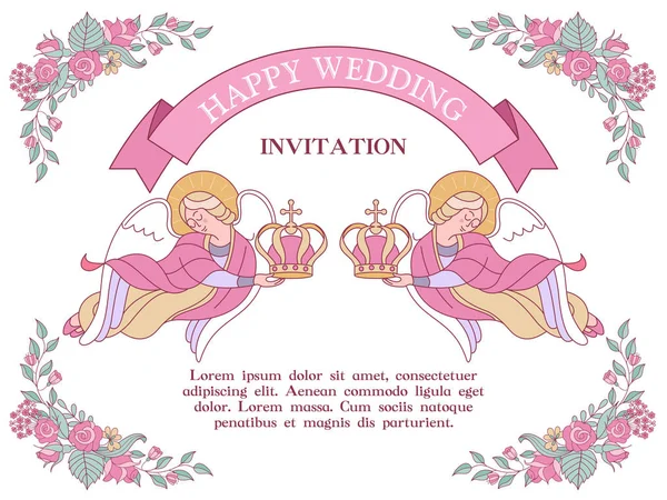 Mutlu düğün. Düğün davetiyesi, kartpostal. İki melek düğün kron tutuyor. Kilisede düğün. Pembe çiçekler çerçevesinde. Vektör çizim