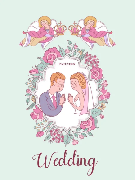 Düğün davetiyesi. Düğün kartı. Kilisede düğün töreni. Gelin ve damat düğün taçlarında. Çiçek çerçeveleri. Cennetin melekleri gelin ve damadın kafalarında düğün tacı taşıyorlar..
