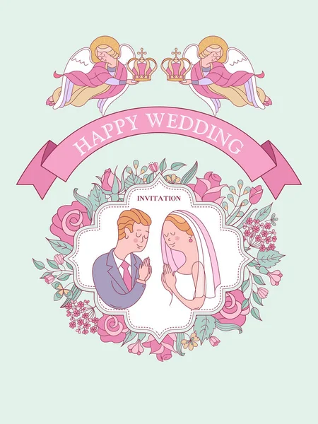 Düğün davetiyesi. Düğün kartı. Kilisede düğün töreni. Gelin ve damat düğün taçlarında. Çiçek çerçeveleri. Cennetin melekleri gelin ve damadın kafalarında düğün tacı taşıyorlar..