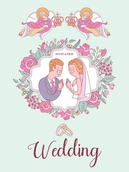 Düğün davetiyesi. Düğün kartı. Kilisede düğün töreni. Gelin ve damat düğün taçlarında. Çiçek çerçeveleri. Cennetin melekleri gelin ve damadın kafalarında düğün tacı taşıyorlar..
