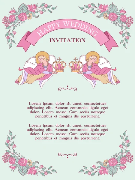 Mutlu düğün. Düğün davetiyesi, kartpostal. İki melek düğün kron tutuyor. Kilisede düğün. Pembe çiçekler çerçevesinde. Vektör çizim