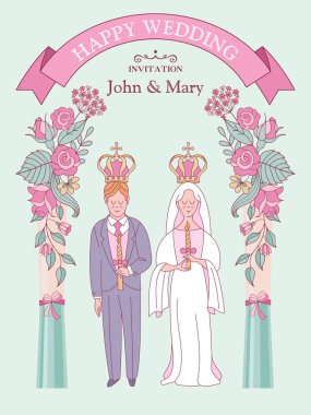 Düğün davetiyesi. Düğün kartı. Kilisede düğün. Gelin ve damat düğün taçlarında. Çiçek çerçeveleri. Vektör illüstrasyonu
