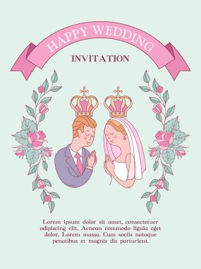 Düğün davetiyesi. Düğün kartı. Kilisede düğün. Gelin ve damat düğün taçlarında. Çiçek çerçeveleri. Vektör illüstrasyonu