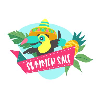 Yaz Satılık. Vektör çizim karikatür tarzı. Neşeli Toucan bir satış için davet ediyor.
