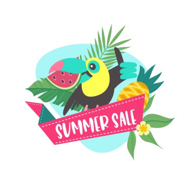 Yaz Satılık. Vektör çizim karikatür tarzı. Neşeli Toucan bir satış için davet ediyor.