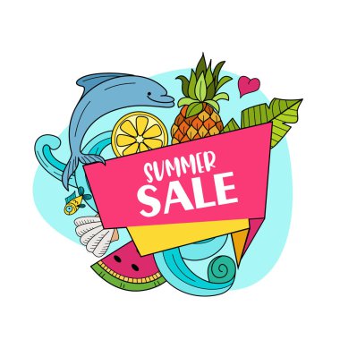 Yaz Satılık. Elle çizilmiş vektör çizim doodles. Bir dalga deniz, egzotik meyve sevimli yunus.