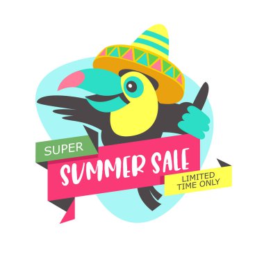 Yaz Satılık. Vektör çizim karikatür tarzı. Neşeli Toucan bir satış için davet ediyor.