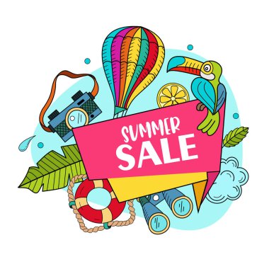 Yaz Satılık. Elle çizilmiş vektör çizim doodles. Tropikal meyve, balon, palmiye ağacı, rekreasyon Resort için aksesuarlar.