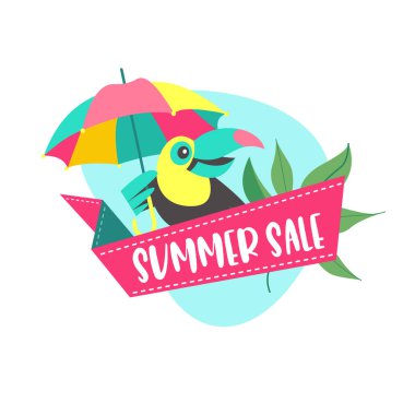 Yaz Satılık. Vektör çizim karikatür tarzı. Neşeli Toucan bir satış için davet ediyor.